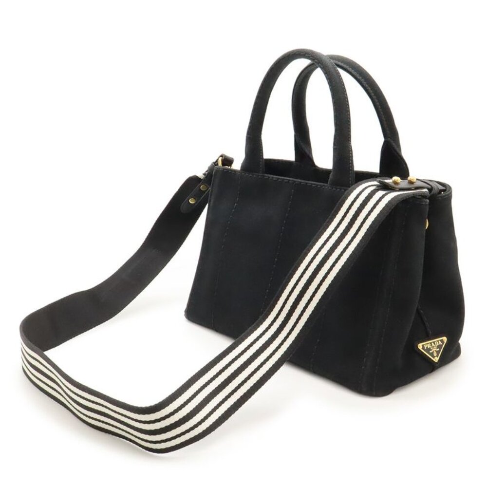 Prada Canapa Tote Bag 2-Way Shoulder Bag Striped Shoulder Canvas Nero Black - Picture 2 of 8